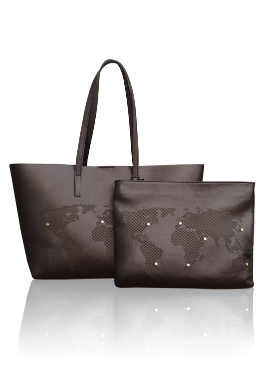 SET OF WORLD MAP TOTE & CLUTCH - BROWN